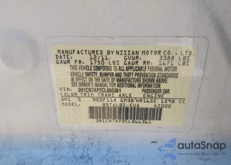 2012 Nissan Versa 1.6 Sv from USA, damaged, VIN 3N1CN7AP2CL866361